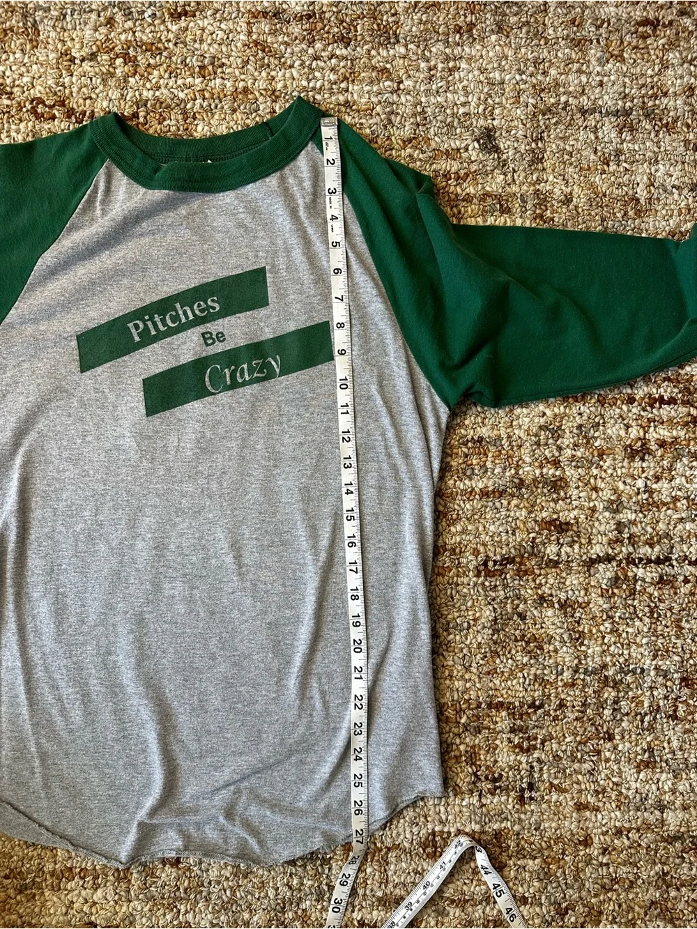 Gray Baseball Raglan Tee with Dark Green Sleeves - 'Pitches Be Crazy'